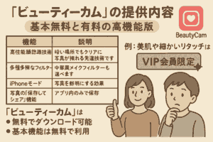 「ビューティーカム」の提供内容：基本無料と有料の高機能版